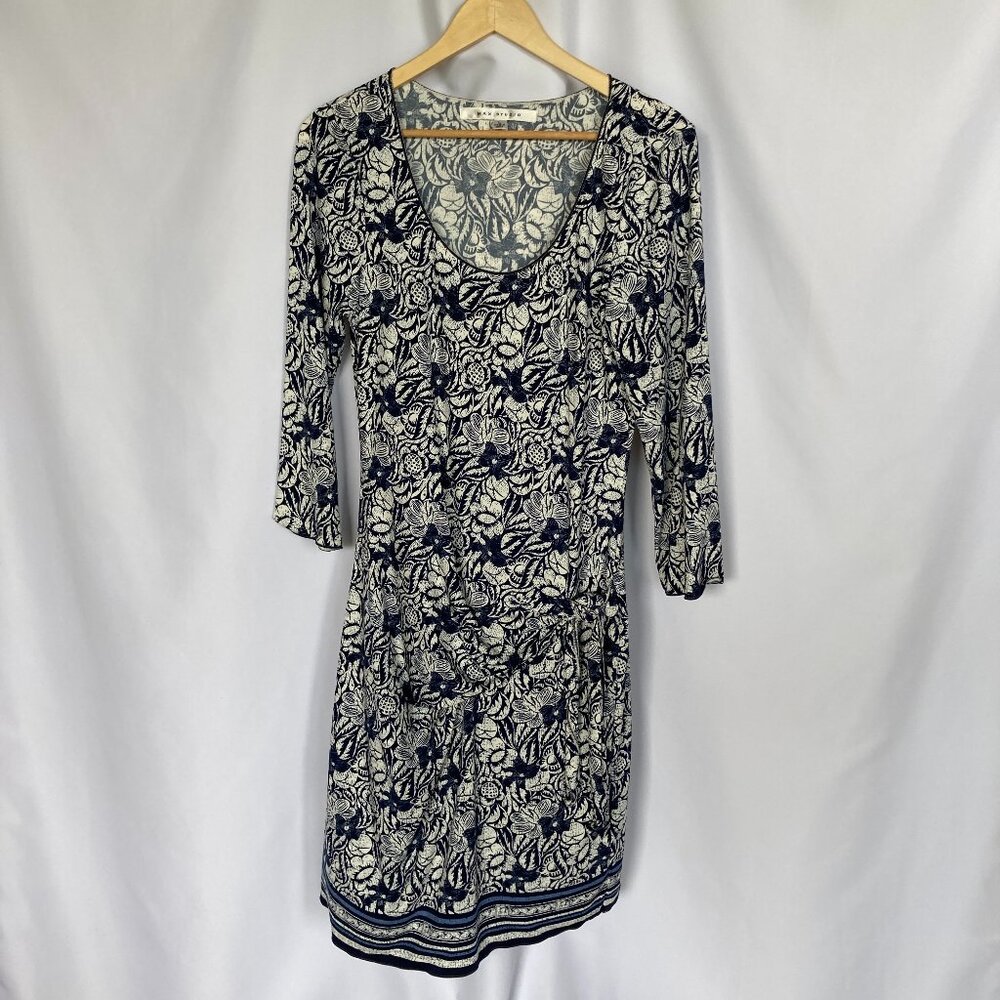 Max Studio Women's Large Navy Floral Dress with Tie at Waist Size Large EUC